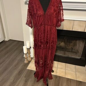Elegant Burgundy Lace Maxi Romper